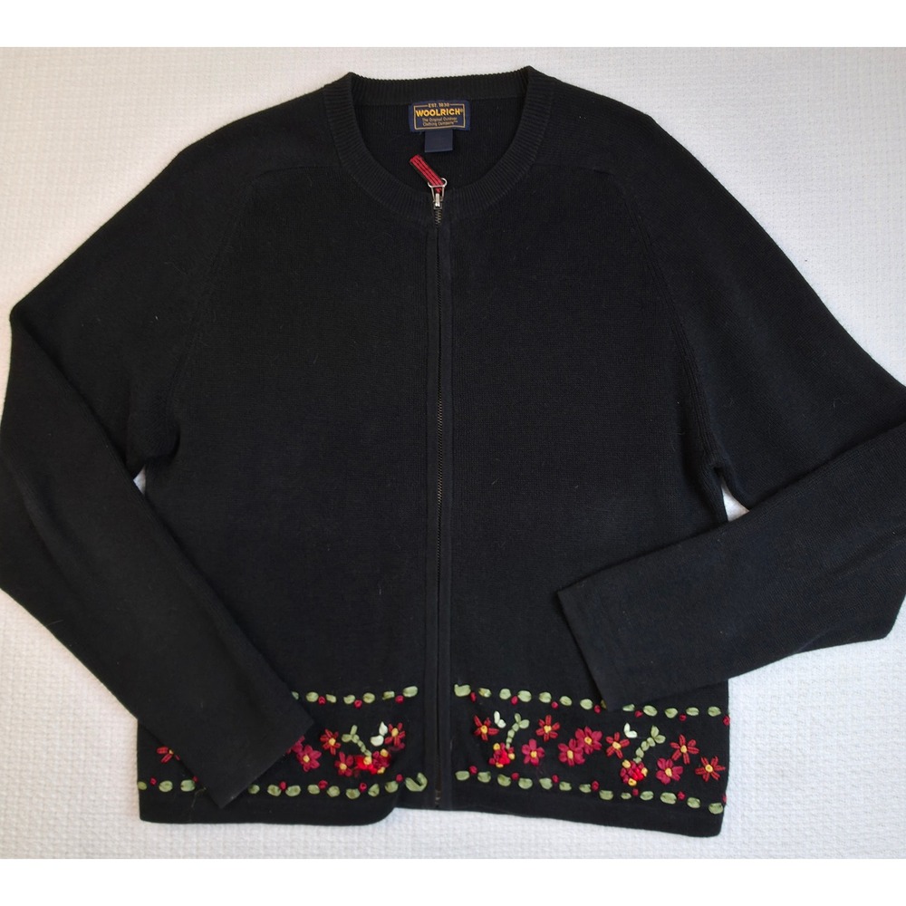 Woolrich Zip Up Sweater Womens M Black Floral Embroidered Excellent